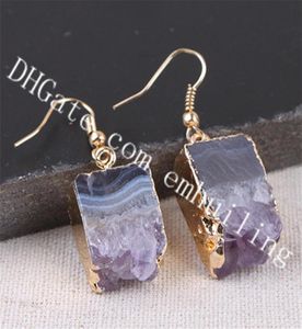 10Pairs Rectangular Drop Amethyst Stalactite Slice Earrings Raw Crystal Geode Stone Earrings Gold Plated Purple Druzy Drusy Earrin3681378