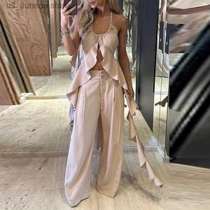 Women's Two Piece Pants Camisole Ruffle Womens 2 Piece Set Slveless Backless Lace-Up Top Wide-Leg Pants 2024 Spring Summer New Fashion Lady Suit 1 T240415