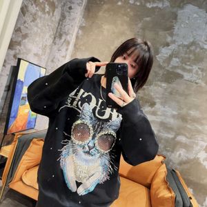 Autumn Light Fashion Brand Cat Hot Diamond Round Neck Men's and Women's Sweatshirt Heavy Industry Nail Bead Inlaid Diamond Wash Cool and Loose