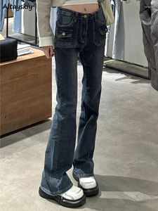 Kvinnors jeans kvinnor amerikansk stil fickor retro boot cut våren trendig smal design stretchy byxor hög midja enkel grundläggande streetwear