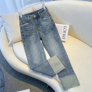 Kvinnors jeans vårhöst blå svart rak kvinnor löst fit stretch denim byxor casual damer ankel längd rökrör 5xl