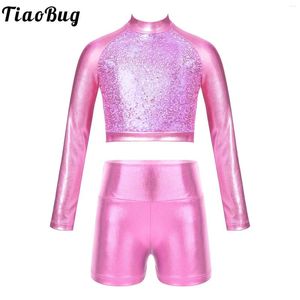 Zestawy odzieży Dziewczyny Dziewczyny Jazz Hip Hop Dance Outfits Metallic Long Rleeve Crop Top z Shorts Break Street Performance