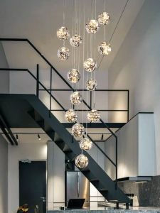 Lustre de vidro liderado por luxo para escada minimalista bola redonda lâmpadas longas lâmpadas penduradas Arte criativa de ouro acessórios simples