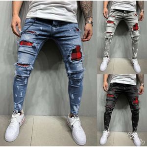 2024 New Spring Festival Does Not Close. Men's Distressed Printed with Patches and Elastic Small Leg Jeans Selling