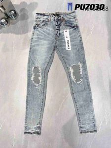 Nova marca roxa de alta qualidade 1 1 2024 Slim Fashion Jeans High Street Ripped Jeans Old