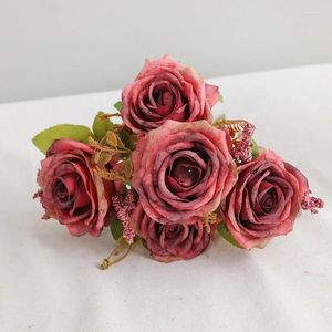 Decorative Flowers Artificial Snowflake Cloth Roses Bouquet Home Bedroom Decoration Green Plant Simulation Flower European Pink White Rose