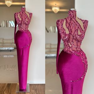 Vestidos de noite graciosos um ombro sereia de baile lantejoulas altas no pescoço ilusão de manga comprida vestidos de festa esbeltos de comprimento personalizado