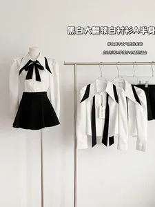 Work Dresses High Quality Outfits 2 Piece Skirt Set Turn-Down Collar Blouses White Waist A-Line Office Lady Simple Preppy Style