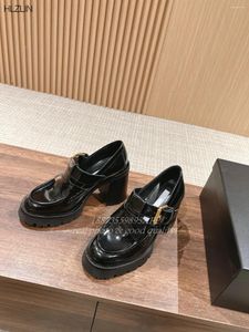 Casual Shoes 2024 Europe And The United States Spring Summer Fashion Metal Letter Thick Heel Loafers Leather Heightening