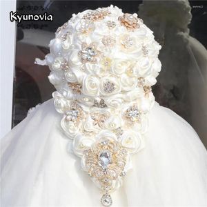 Decorative Flowers Golden Rhinestone Cascading Bride Bouquet Waterfall Wedding Flower Romantic Party Decoration Confession