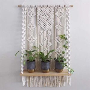 Tapestries Nordic Hand-Woven Macrame Wall Hanging Rope Shelf Indoor Plant Rack Stand Bohemian Tapestry Home Decor Ornament