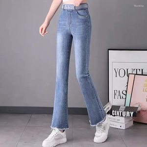 Jeans femminile coreano da donna coreano in alto abbigliamento primavera estate tasche elastiche tasche slim denim solidi pantaloni flare casual 2024