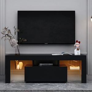 Hommoo Entertainment Center TVスタンド、MDF TVコンソールLEDライト、最新のテレビ用の最新のハイグロステレビキャビネットを最大55インチ、ブラック