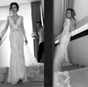 Lihi Hod 2019 Sexy Long Sleeves Lace Wedding Dresses Sheath Deep V Neck Backless Vintage Fitted Brides Dresses Custom Made8025061