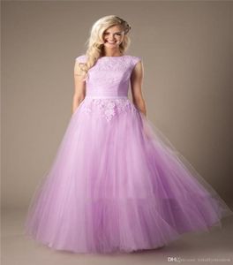 Lilac Lace Tulle Modest Prom Dresses Long Cap Sleeves Simple Jewel Floor Length Coral Prom Gowns Mint Evening Party Dresses New9245514