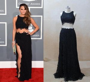 Chrissy Teigen Czarne koronkowe sukienki prawdziwe obrazy Grammy nagrody Red Carpet Controselki Dwuczęściowe set SLIT Black Lace Suknia Wieczór 6220050