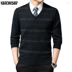 Suéteres masculinos Men Vintage Sweater Pullover Jumpers Tops V Neck Gross Basic Basic for Autumn Winter Stripes Macho de moda de moda 00390