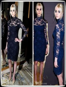 Prom Dresses 2019 Ny Navy Blue High Neck Long Sleeves Celebrity Cocktail Dresses Lace Kneelength Evening 0287802099