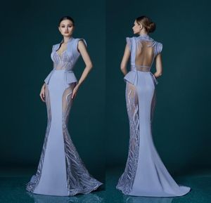 Lavender Mermaid Seethrough aftonklänning Art Decoinspired Neck -applikationer Fantastisk röd matta Kändisklänning Sexig prom Party EV4813774