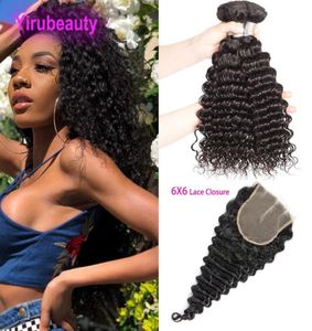 Peruvian Human Hair Wefts With Closure 6X6 With 3 Bundles Deep Wave Lace Closures Natural Color Curly8451299