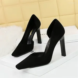 Dress Shoes Fashion Minimalist Thick Heels Ultra-High Cut Square Toe Velvet Side Hollowed Out Single Women's High