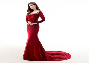 Dark Red Velvet Evening Dresses Long Sleeves Sheer with beading Mermaid Prom Dress redcarpet dresses fall winter runway dress3366129