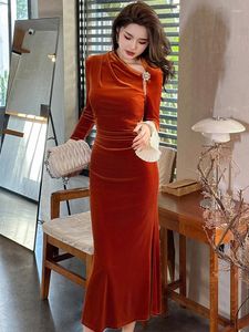 Casual Dresses Noble Quality Elegant Women Chic Retro Orange Velvet Folds Lady Clothes Banquet Fishtail Robe Evening Party Vestidos
