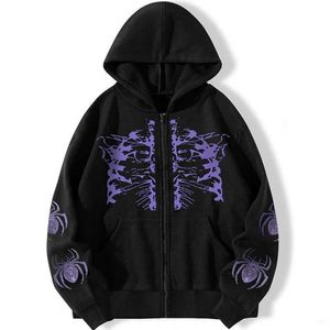 Erkek Hoodies Dikiş Mor Örümcek Baskı Y2K Kadınlar Zip Uzun Kollu Büyük Boy Siyah Hoodie 2023 Yeni Gotik Punk Moda Günlük Sweatshirts 240412