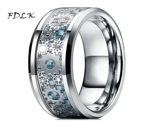 Wedding Rings Mens Steampunk Gear Wheel Stainless Steel Ring Dragon Inlay Light Blue Carbon Fiber Gothic Band Size 6133811479