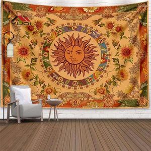 Tapisserier Färgglada sol- och måntryck vägg tapestry konst stor storlek vardagsrum heminredning tapestri