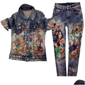 Calças de duas peças femininas Flores de jaqueta impressa terno PCS elástico Material pintando tendências de moda Mulheres Pant Set Skinny Jeans T200702 DR DH6GR