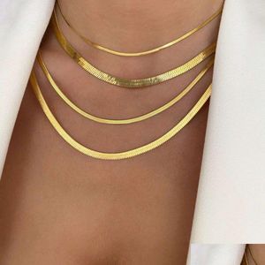 Pendanthalsband krage Kolye PVD 18K Guldfylld rostfritt stål Herringben Choker Layered Halsband Flat Snake Chain för kvinnor Jewe Dhedg