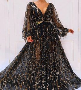 2019 Split Evening Gowns Blingbling Black and Gold V Neck Long Sleeves Sheer Skirt with Golden Metal Belt Sparkly Formal Dresses8886717