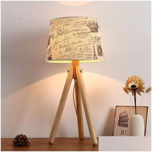 Table Lamps Modern Simple Three Legged Wooden Desk Lamp Creative Eye Protection Bedroom Bedside Light Art Cloth Shade Lighting Drop De Dhwgt