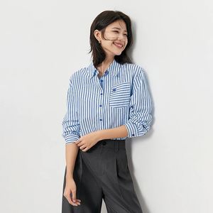 Toyouth Women Stripe Shirts 가을 긴 소매 폴로 목 느슨한 블라우스 자수 패션 통근 캐주얼 아웃복 상단 240329