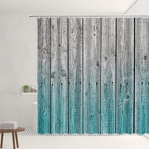 Shower Curtains Retro Rustic Style Curtain Light Blue Gray Wood Board Wall Cloth Bathroom Decoration Set Hook Polyester Fabric