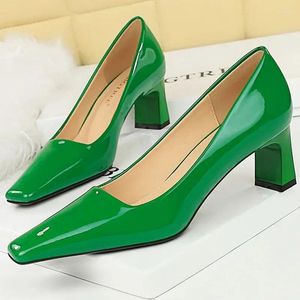 Dress Shoes 2024 Women 6cm High Heels Green Blue Nude Burgundy Low Square Lady Bling Glossy Leather Wedding Evening Party