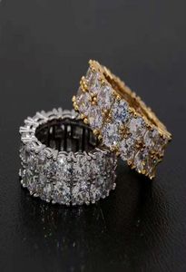 Hip Hop Full Diamonds Pierścień dla mężczyzn Women Western podwójny rzędowy Kamienne Pierścienie Prawdziwe złoto platowane rhineston miedziana biżuteria 3124683