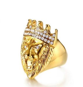Men039S Hip Hop Gold Tom Roaring King Lion Head and Crown CZ Ring For Men Rock Aço inoxidável Anéis machos jóias masculinas 72340688003696