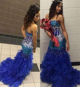 Girls Pageant Dresses For Teens Exposed Boning Crystal Beading Royal Blue Mermaid Prom Dress Ruffles Zipper Back Mermaid Evening G3468940