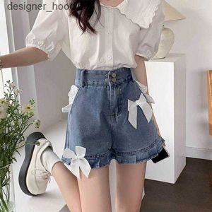 Jeans femminile jeans jeans shorts shorts bow brow short shpotide shil jeans pantaloni in stile coreano ampio abbigliamento moda di moda corea pantalone elegante c240413