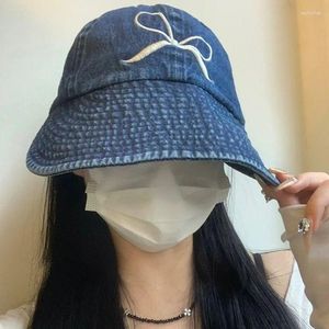 Beralar İşlemeli Yay Denim Şapkalar Yaz Kadın Kızlar Açık havada gündelik Mavi Geniş Brimmed Güneş Şapkası Moda Çok yönlü rahat kova