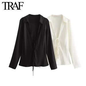 Traf Women Fashion 2024 Spring Long Rleeve Tie-U-U-Neck Bow Bow Blouse Street Ustanie Satynowa koszula