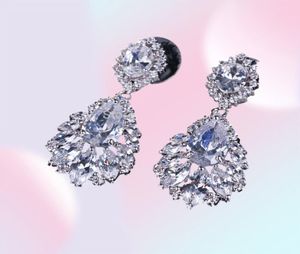 Brand Jewelry Flower Shape Lady039s 925 Sterling silver Claw set White stone 5A Zircon stone Wedding Dangle Earrings Gift E117759391