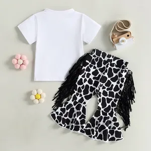 Clothing Sets Toddler Girl 2Pcs Western Outfits Short Sleeve Letter Print T-shirts Tassel Flare Pants Set