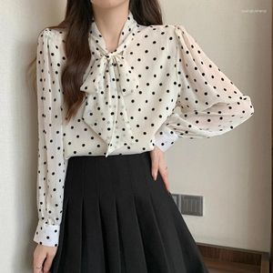 Kvinnor BLOUSES SPRING Autumn Polka Dot Printing Blue Women Fashion Scarf Collar Casual Long Sleeve Pullovers Bow Chic All-Match Tops