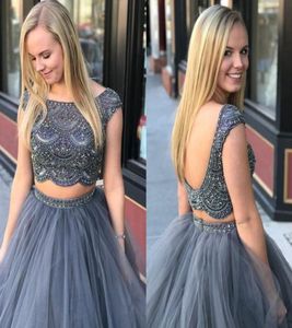 Dark Gray Two Piece Prom Dresses Crystal Beaded Cap Sleeves Tulle Ball Gown Prom Dresses Plus Size Pink Sweet 16 Dress Quinceanera9570890