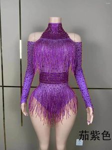 Stage Wear Sexy Rhinestones Bodysuit Christmas Red Tassels Outfits Nightclub Bar Dj Performance Party Dress Pole Dance DN16913