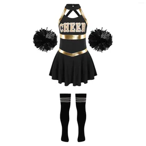 Clothing Sets Kids Girls Cheerleading Dance Outfits Letter Print Straps Sleeveless Dress With 2Pcs Flower Balls 1 Pair Striped Socks