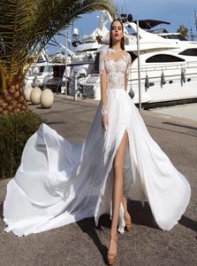 Vestido de noiva barato Aline Vestido de noiva Sheer Jóia Aplique Aplique Vestido de Noiva Glamourosa Trem de Mangas Longo Weddi5935470